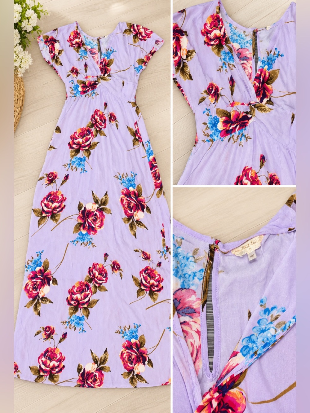 Lavender Floral Maxi Dress – Romantic Rose Print Short Sleeve Summer size medium